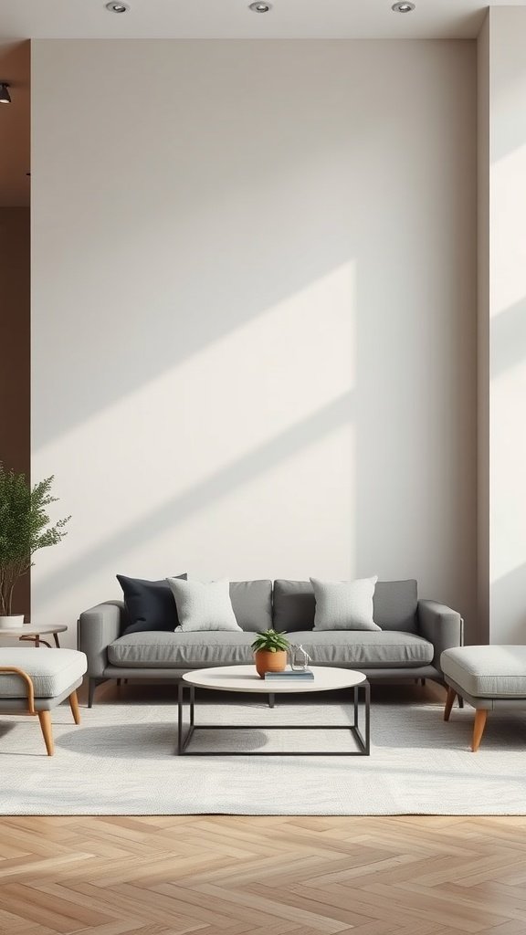 A modern living room with a light accent wall, grey sofa, and minimalist decor