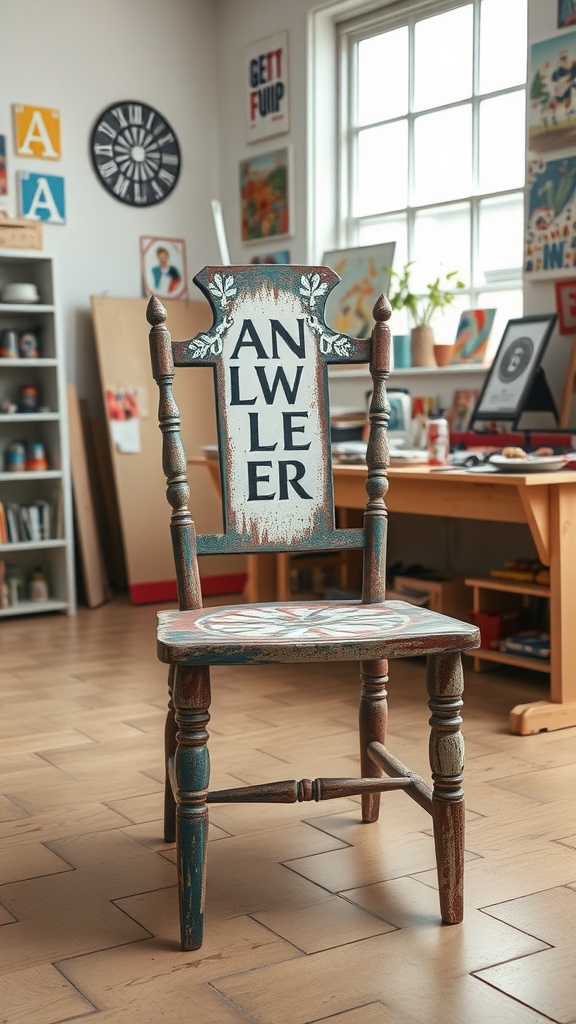 A creatively painted chair with the word 'ANWLER' on the backrest, set in a cozy workspace