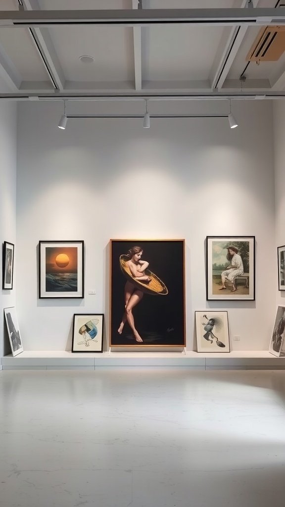 A minimalist art display featuring various framed artworks, highlighting a central portrait.