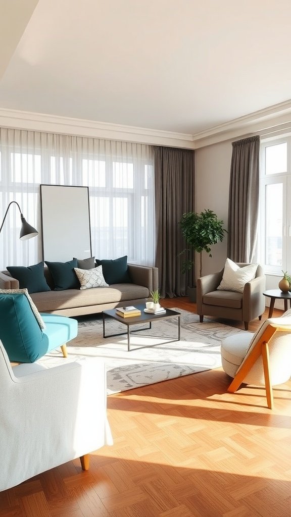 A living room featuring a blend of modern and traditional design elements with neutral colors and teal accents.