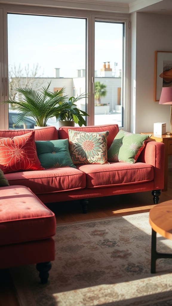 A cozy red sofa with colorful cushions in a bright living room