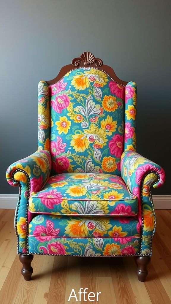 Upholstered chair with vibrant floral pattern on a blue background