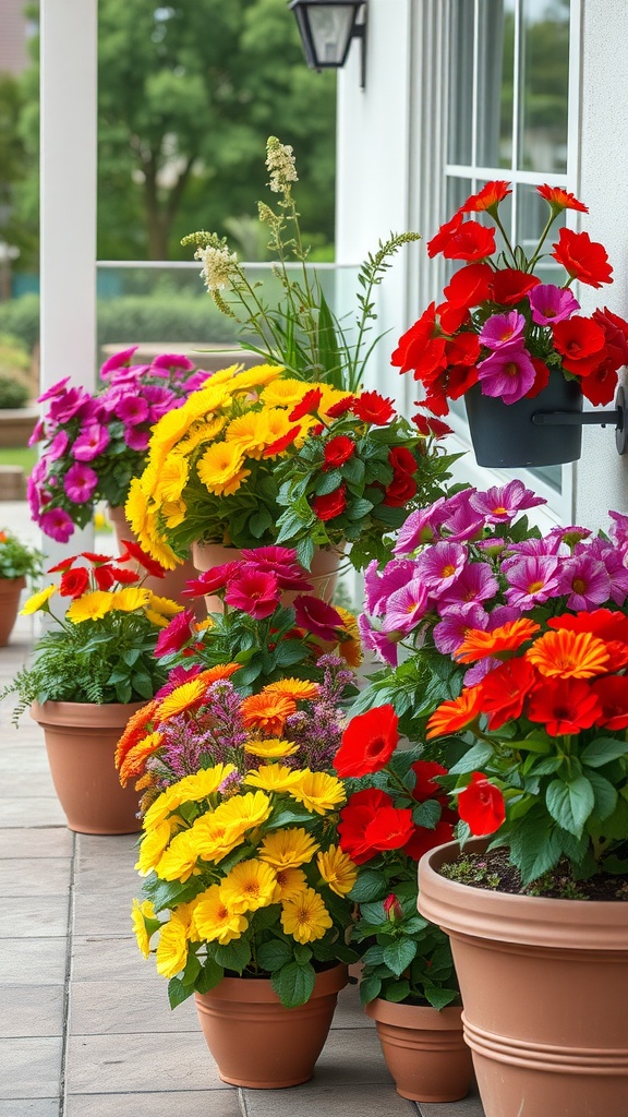 A vibrant array of colorful flowers in pots, featuring red, yellow, pink, and purple blooms arranged on a patio.