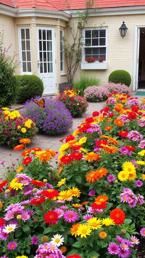 A vibrant courtyard garden filled with colorful flower beds including red, yellow, and pink blooms.