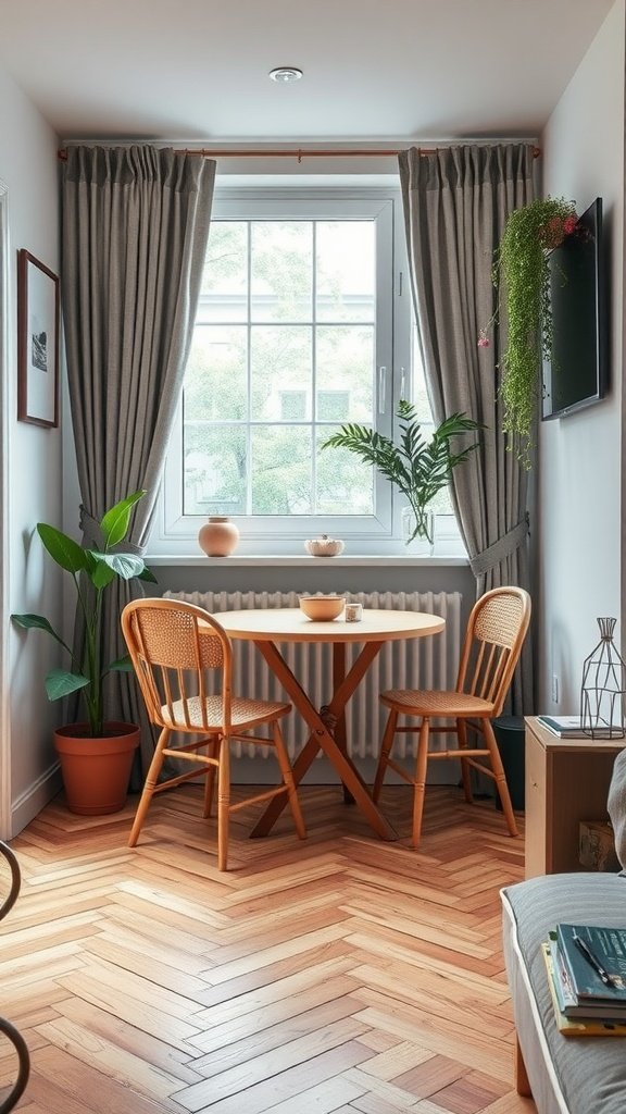 A compact dining area with a round table, two chairs, and plants by a window.