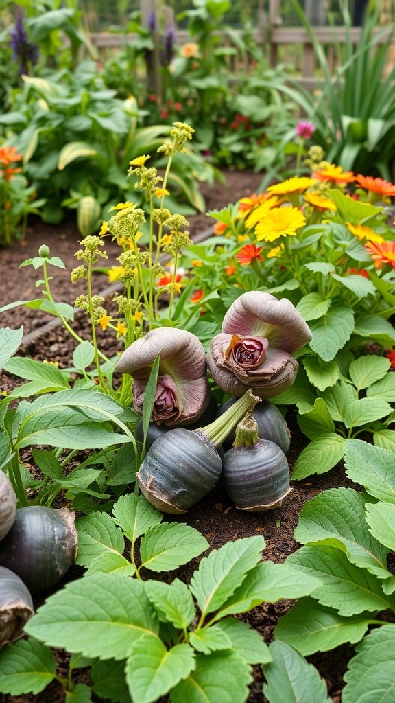 A vibrant vegetable garden showcasing various plants including colorful flowers and dark-hued vegetables.