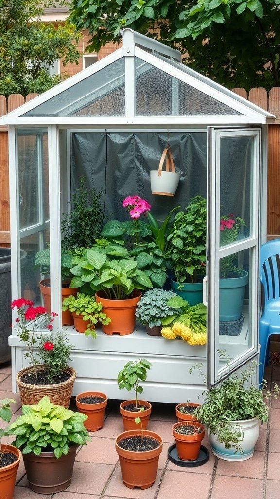 A compact container greenhouse with various plants in pots, including flowers and herbs.