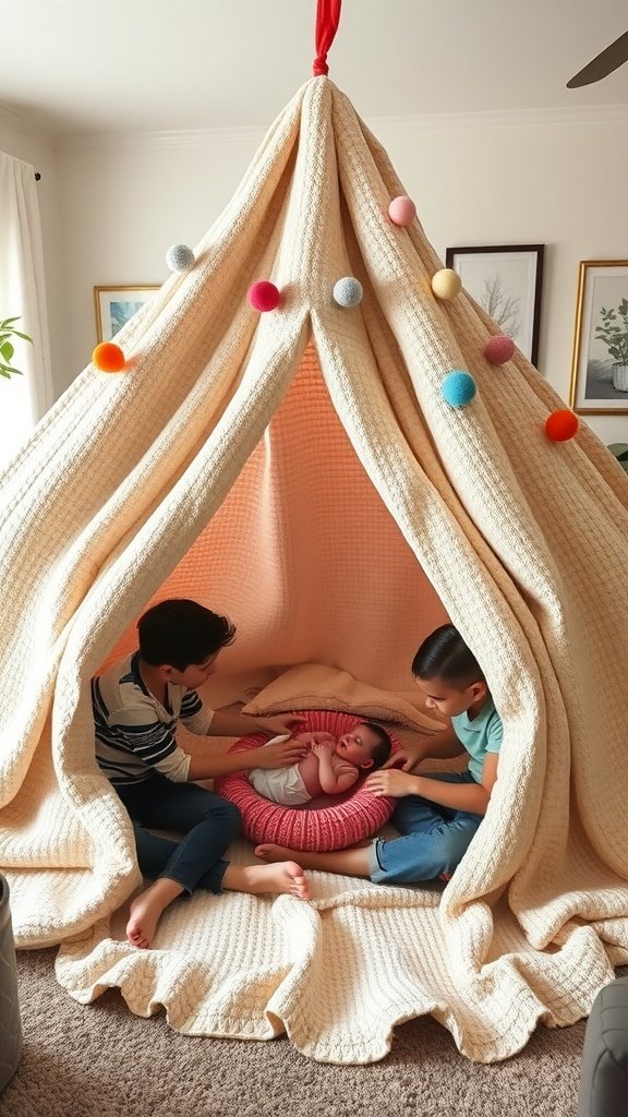 Two siblings playing with their newborn sibling inside a cozy blanket fort, decorated with colorful pom-poms.