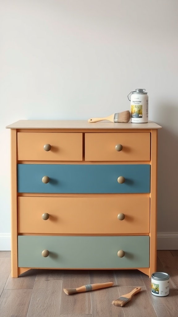 A colorful dresser with orange, blue, and green drawers, paint brushes, and a can of paint nearby.