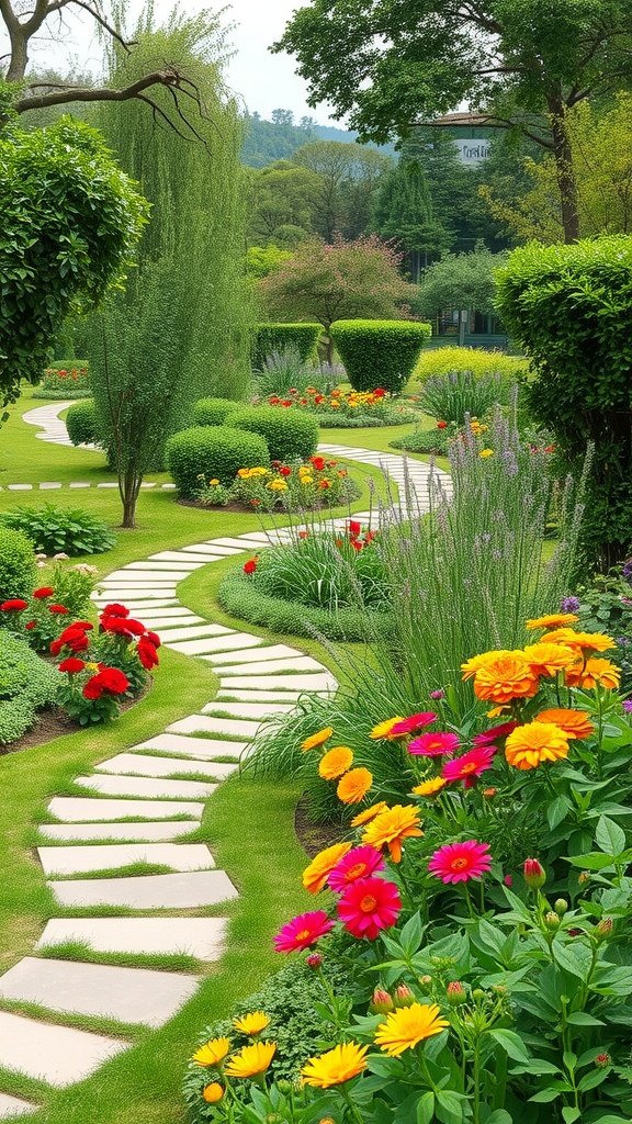A beautifully landscaped garden with a curved stone pathway, surrounded by colorful flowers and lush greenery.