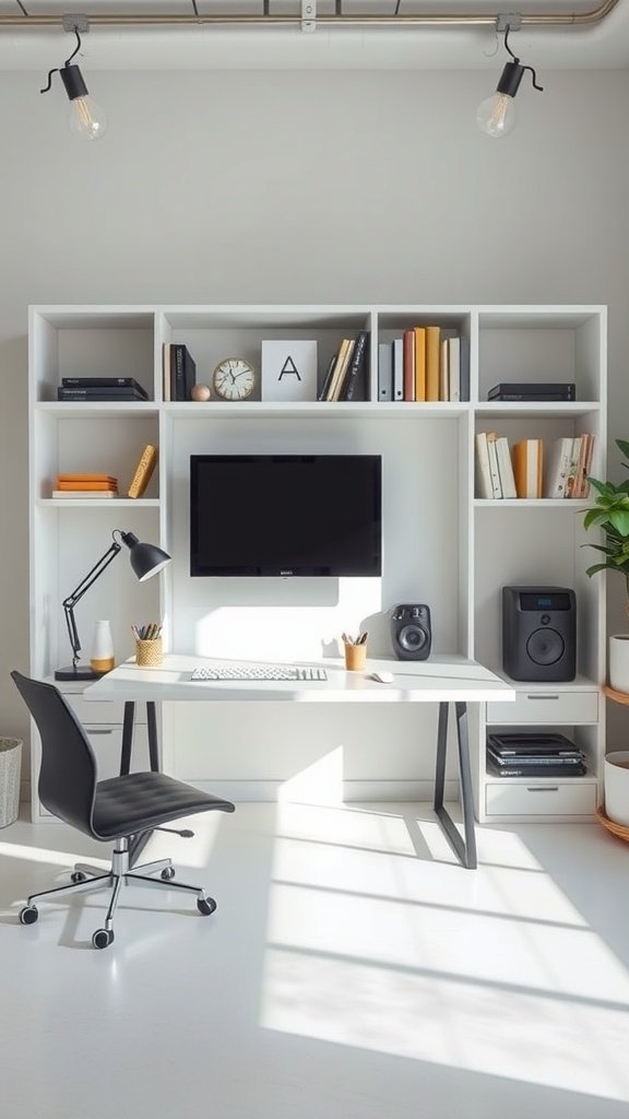 A minimalist workspace featuring a white desk, black chair, and neatly organized shelves with books and decor.