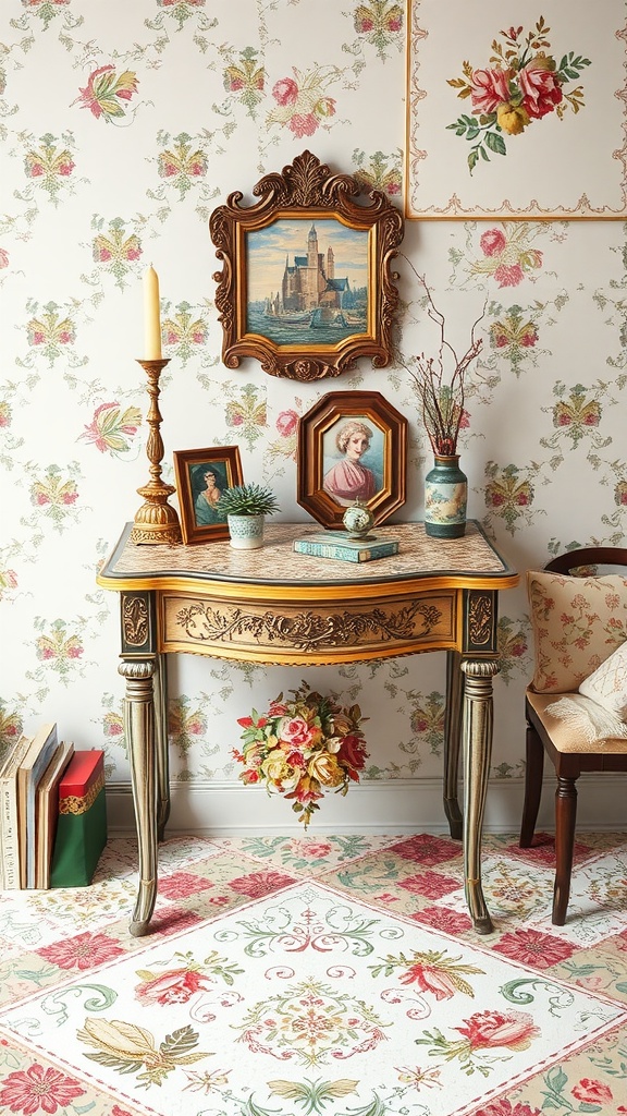 A beautifully decorated table with decoupage, surrounded by vintage decor and floral wallpaper