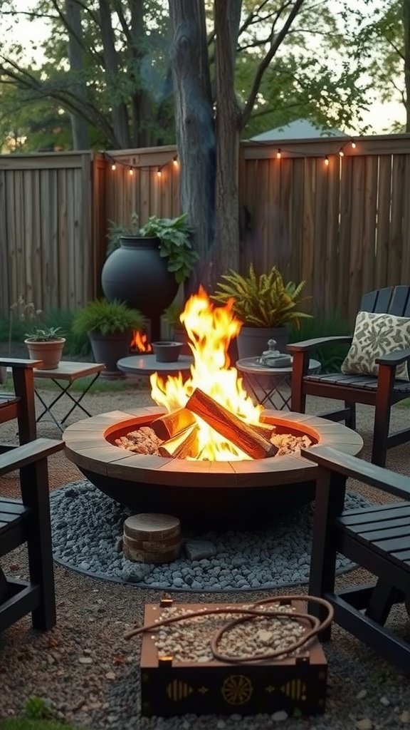 A cozy DIY fire pit area with seating and plants, perfect for casual gatherings.