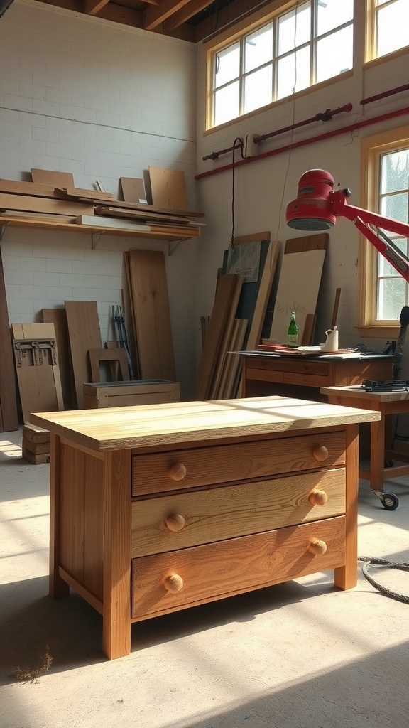 A wooden dresser in a workshop, surrounded by tools and materials, with sunlight shining through a window.