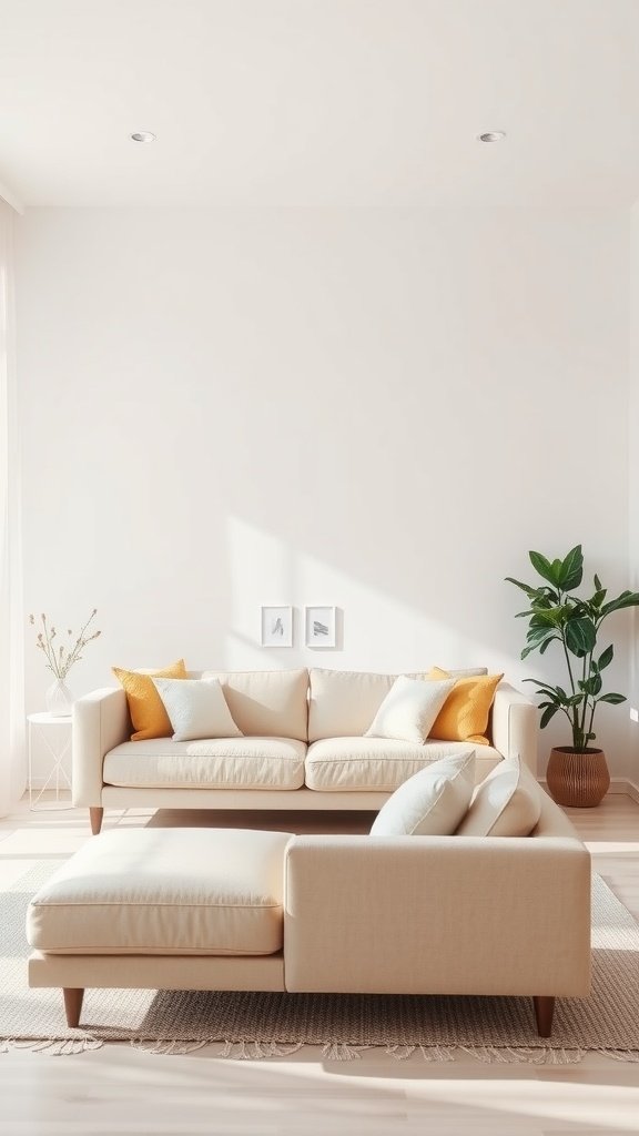 Minimalist living room with beige sofa, yellow and white cushions, and a plant