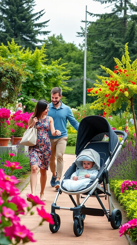 A family walking in a garden with a stroller carrying a baby, surrounded by colorful flowers