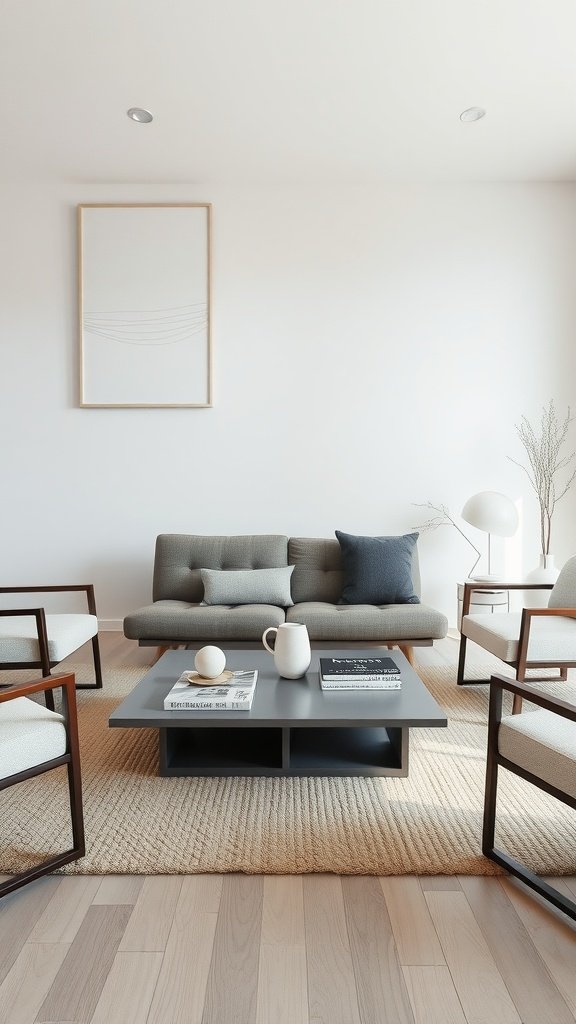 A minimalist living room featuring a low-profile sofa, armchairs, and a sleek coffee table on a natural rug.