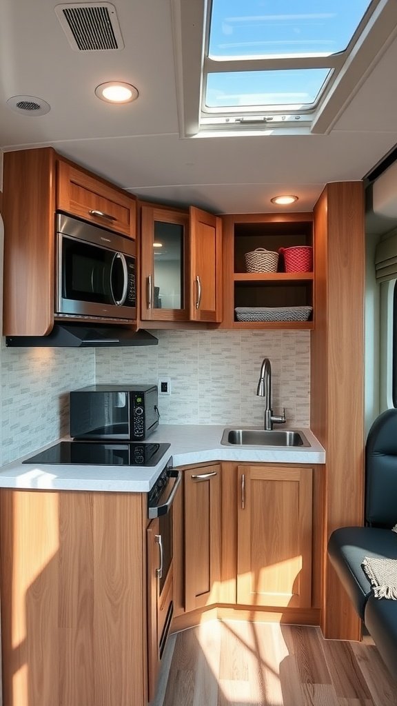 A functional kitchenette in a camper featuring wood cabinetry, a microwave, and a sink.