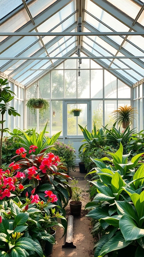 Interior of a gable roof greenhouse filled with green plants and colorful flowers