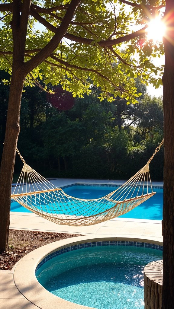 A hammock hanging between two trees by a pool, surrounded by greenery and sunlight.
