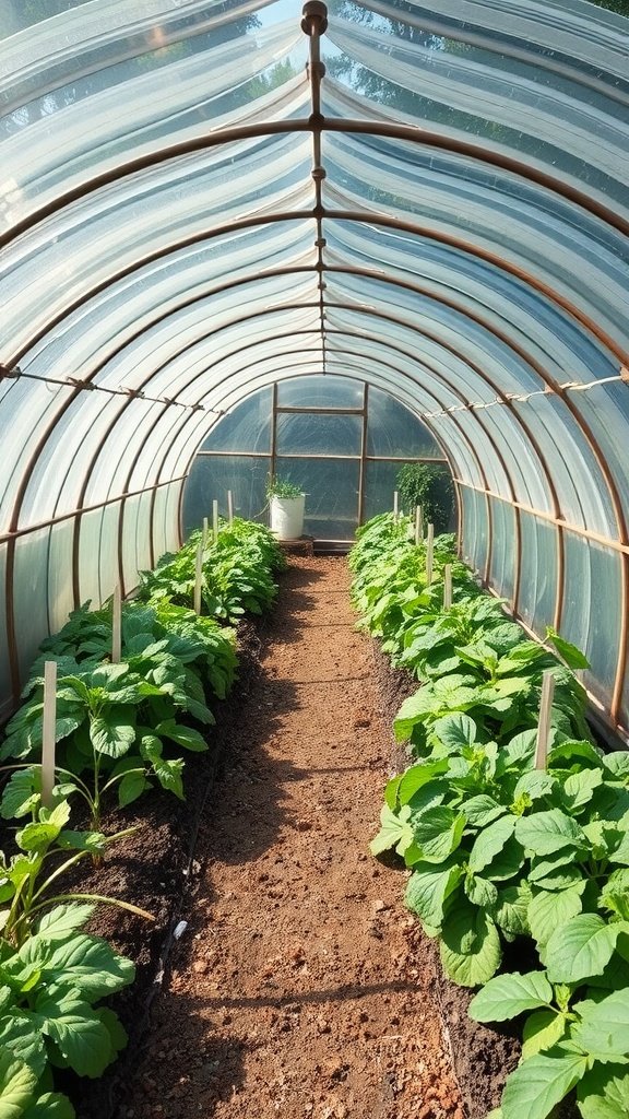 Interior view of a hoop house greenhouse with rows of leafy green plants on either side and a clear plastic covering.