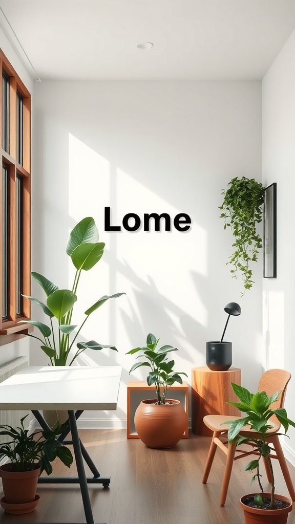 A minimalist interior with plants and wooden furniture, showcasing natural elements and sunlight.