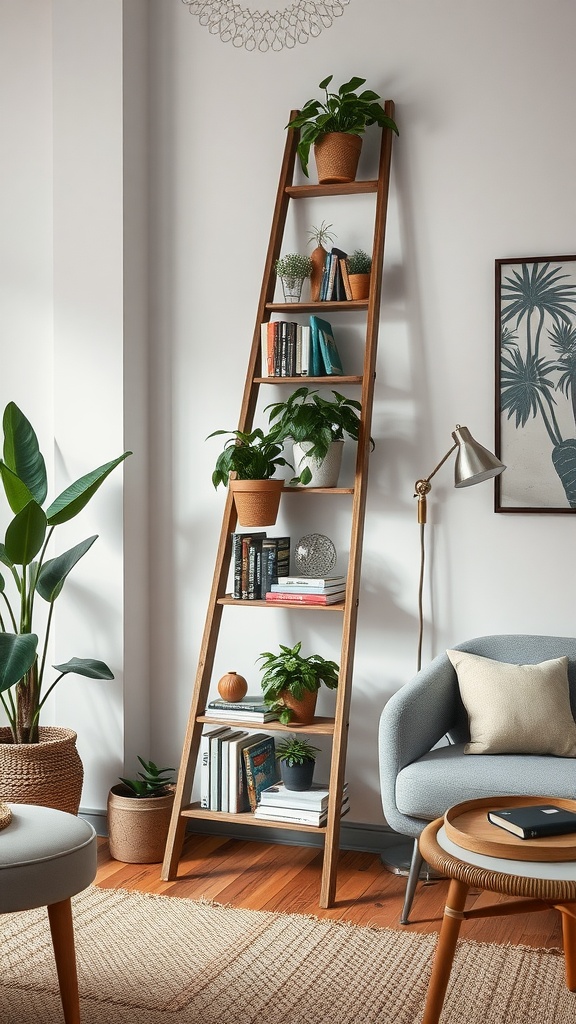 A wooden ladder repurposed as a bookshelf with plants and books displayed.