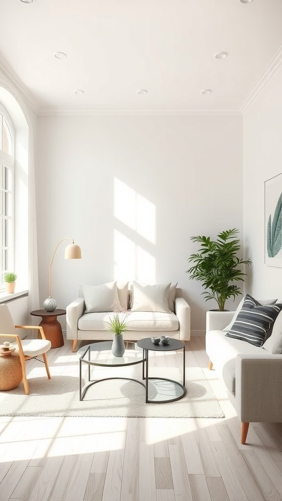 A bright and airy living room with light color palettes, featuring cozy sofas, a coffee table, and a plant.