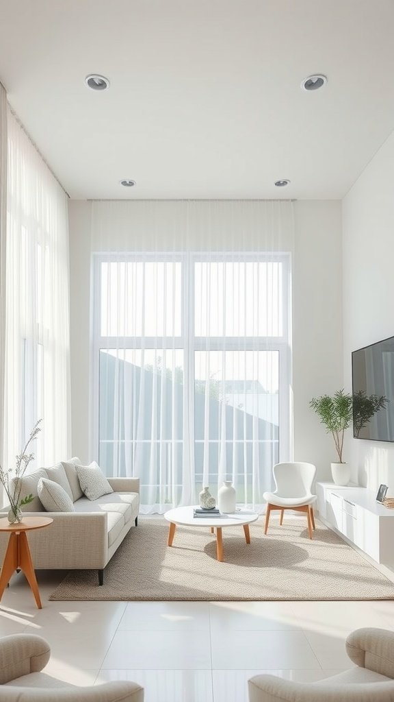 A bright minimalist living room with large windows, sheer curtains, and simple furniture.