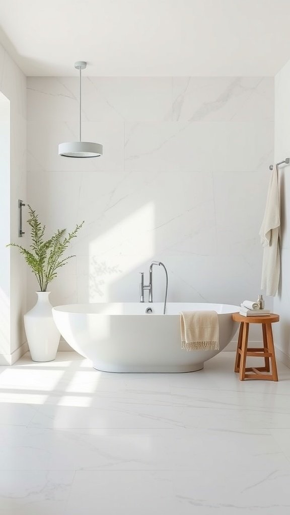 A minimalist bathroom with a freestanding tub, a plant, and a wooden stool.