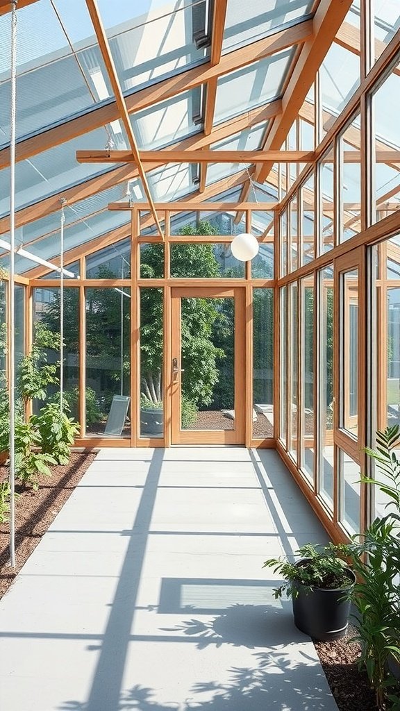 Interior view of a modern minimalist greenhouse with wooden frame and large glass panels