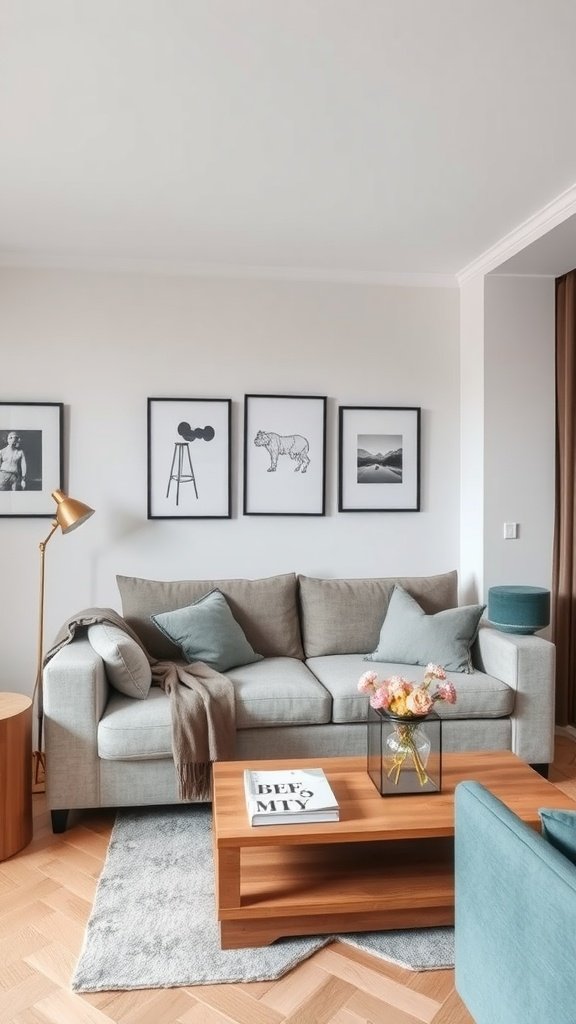 A cozy living room with multi-functional furniture, including a comfortable sofa, a wooden coffee table, and artistic wall decor.