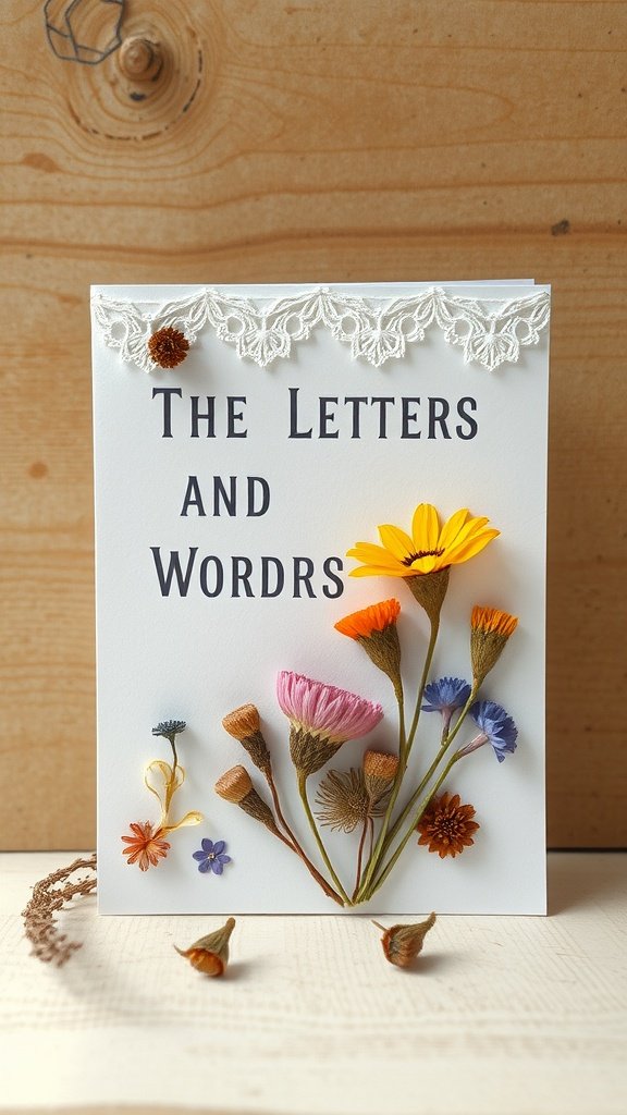 A handmade card with pressed flowers and lace, featuring the text 'The Letters and Wordrs'.