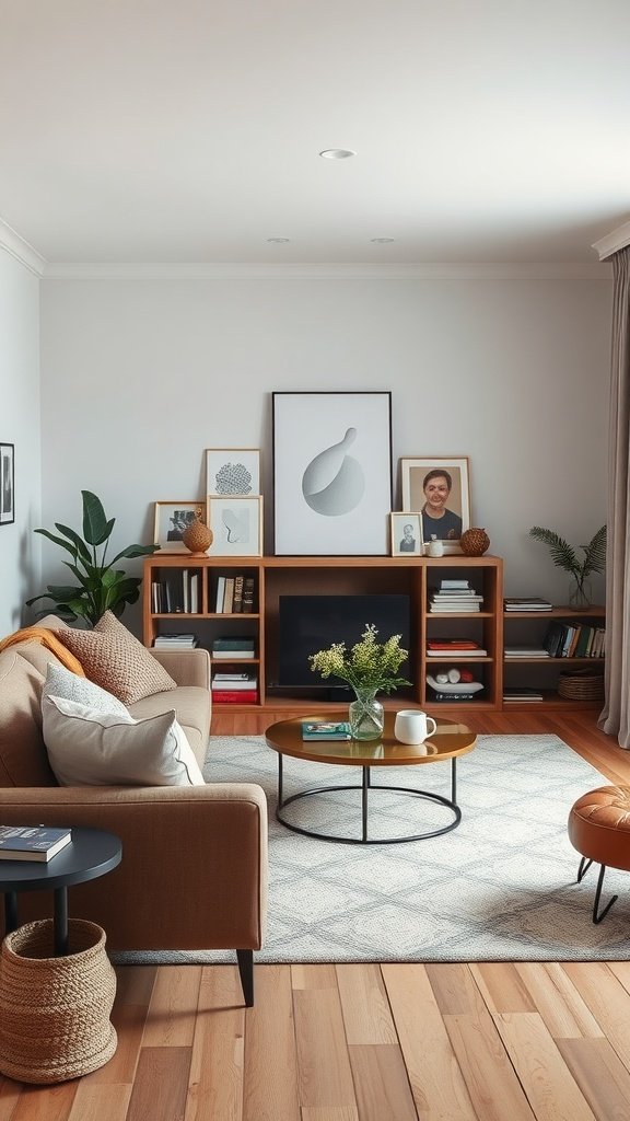 A cozy minimalist living room featuring warm tones, personal artwork, and plants.
