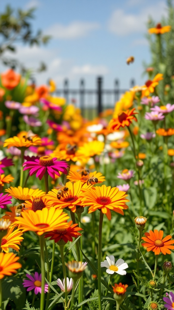 A colorful flower garden with various blooms attracting bees and pollinators.