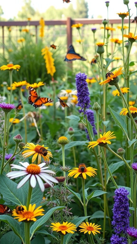 A colorful flower garden with butterflies and bees, promoting a pollinator-friendly environment.