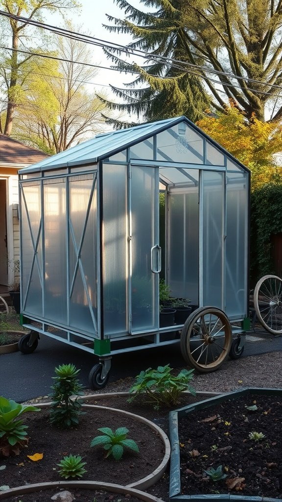 A portable greenhouse on wheels set in a garden, featuring clear panels and a sturdy frame.