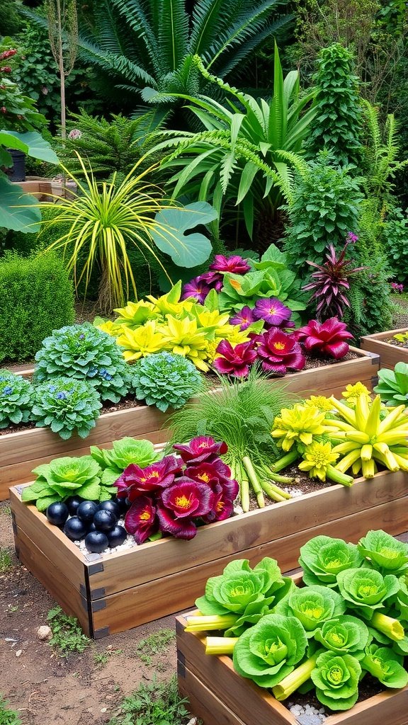 Colorful raised bed garden with various vegetables and plants arranged in a vibrant layout.