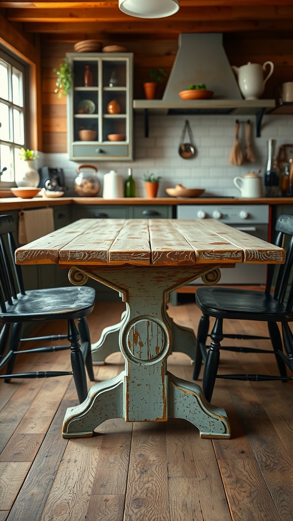 A rustic distressed table in a cozy kitchen setting, paired with black chairs, showcasing a warm and inviting atmosphere.