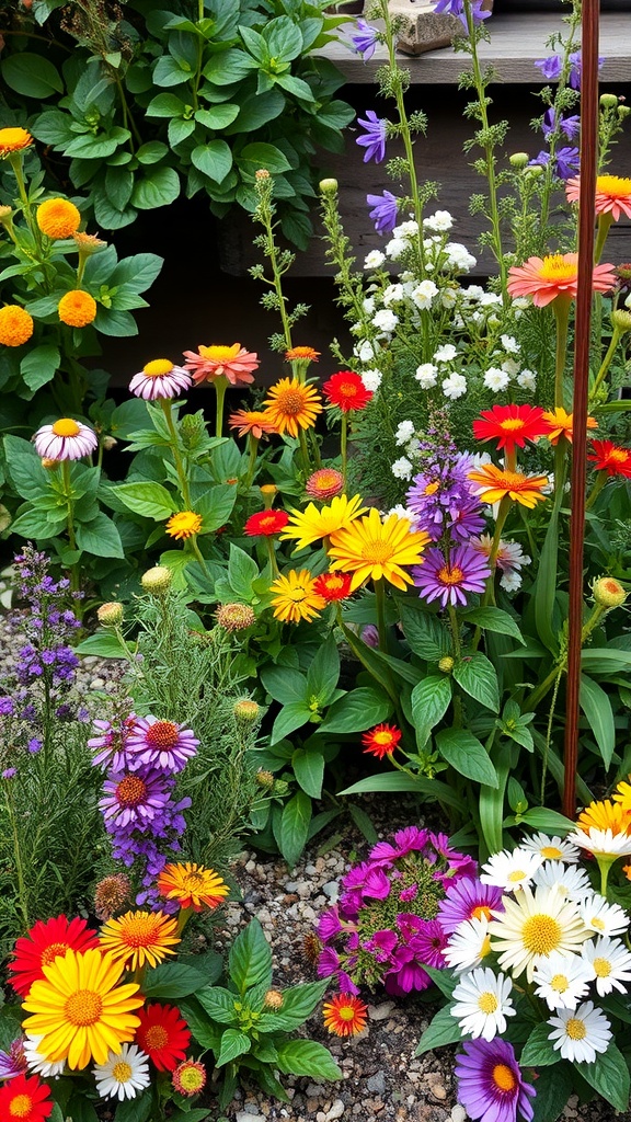 A vibrant flower garden featuring a mix of colorful flowers and herbs, showcasing a variety of blooms in different shades.