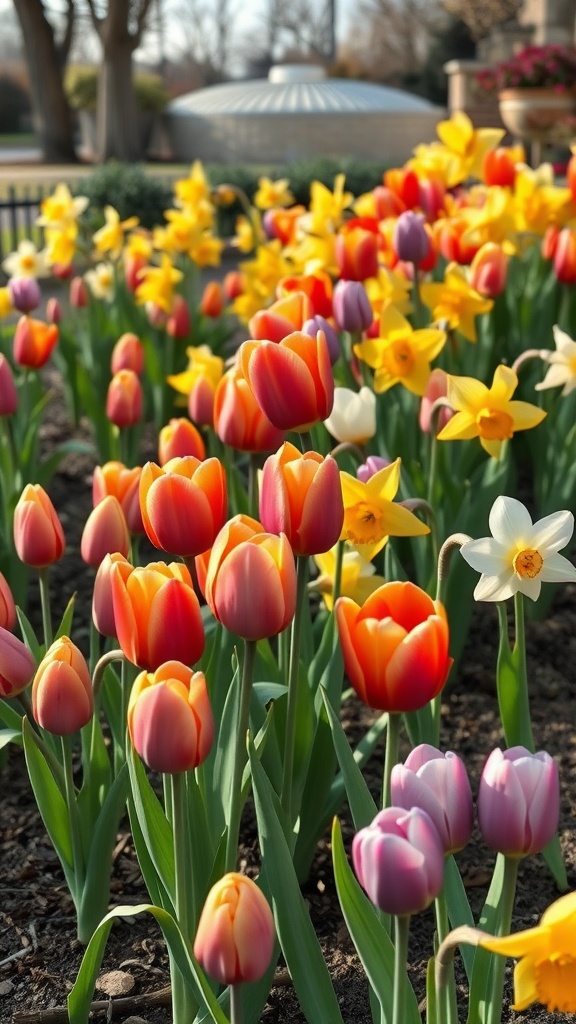 Colorful garden showcasing tulips and daffodils in bloom