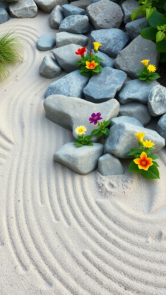 A Zen garden featuring smooth stones and colorful flowers in sandy patterns.