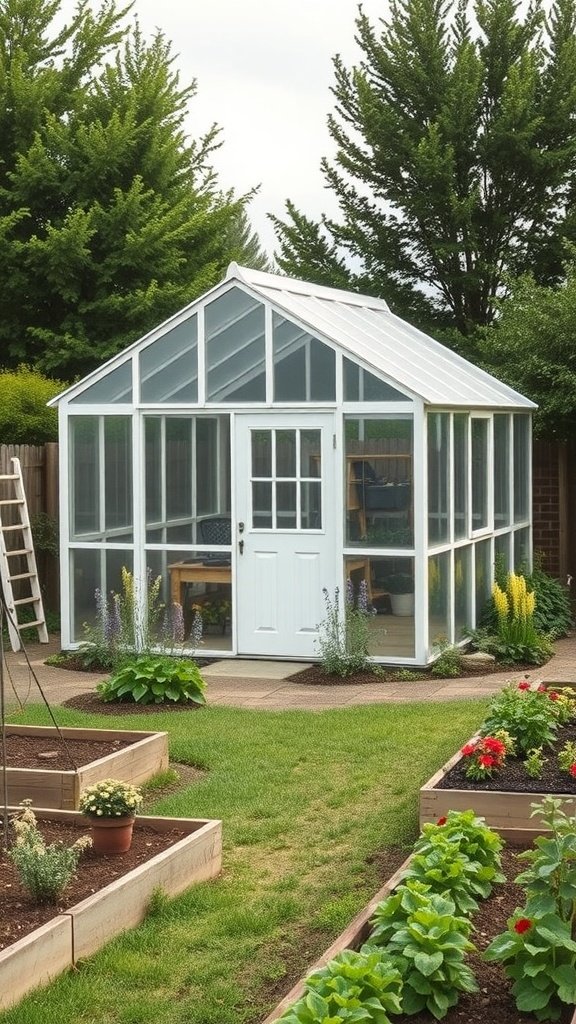 A shed-style greenhouse with large glass panels, surrounded by garden beds filled with plants and flowers.