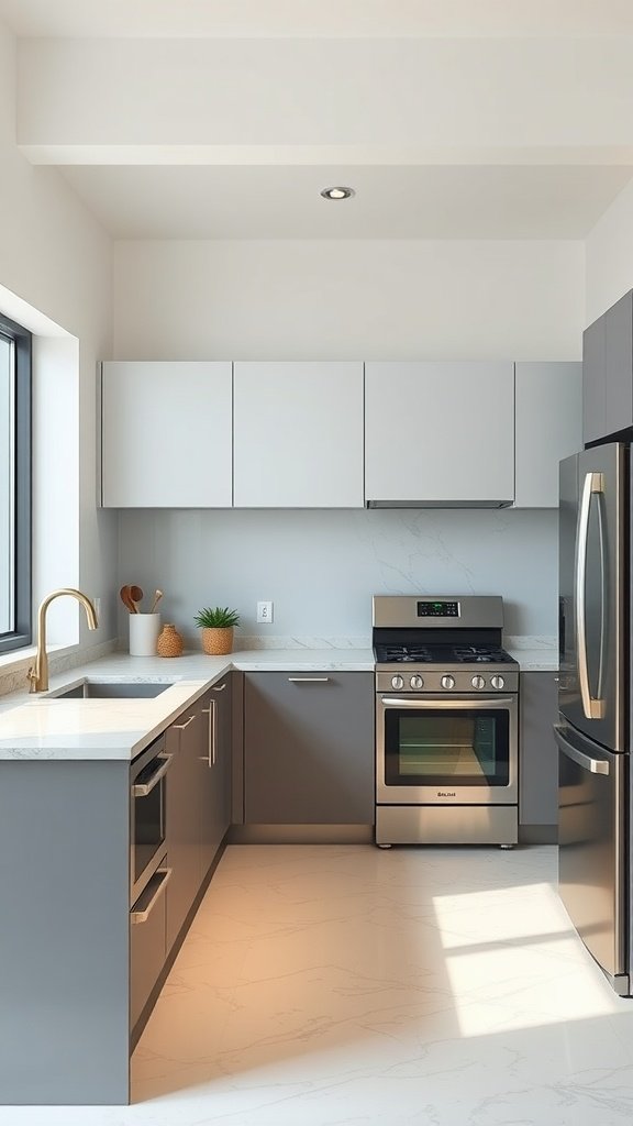 A minimalist kitchen featuring gray cabinetry, a sleek countertop, and modern appliances