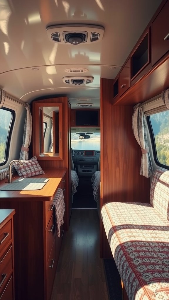 Cozy camper interior featuring wood elements and a mirror.