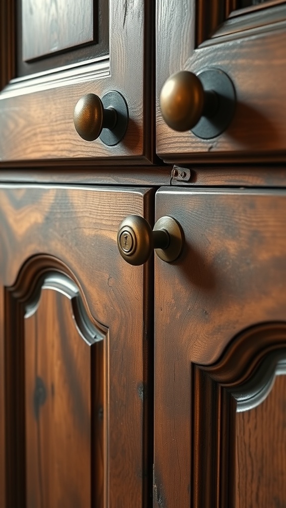 Close-up of a wooden cabinet featuring stylish new knobs and handles.