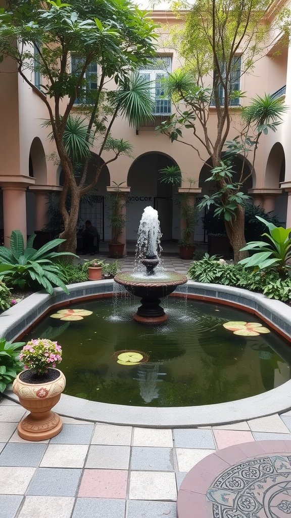 A serene courtyard garden featuring a fountain surrounded by greenery and lily pads.