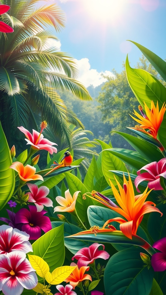 Vibrant tropical garden with colorful exotic flowers and lush green leaves, featuring a small bird.