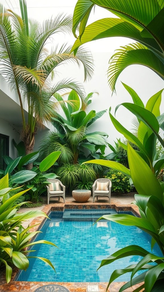 A serene pool area surrounded by lush tropical plants and comfortable seating.