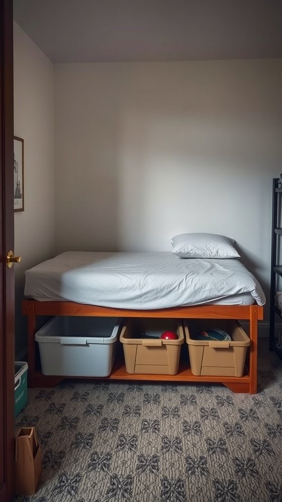 An under-bed storage setup with bins underneath a raised bed in a small room.